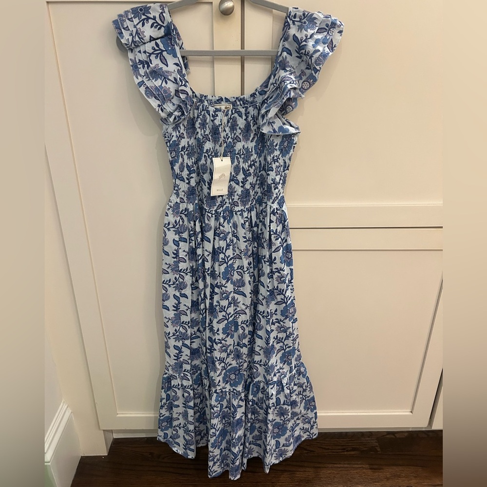 NWT Mille brand “Olympia” Blue and White Maxi Dress, size small